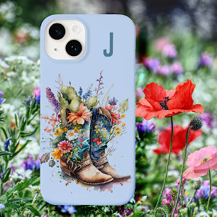 Coque Pour iPhone 14 Bottes pour filles et Fleurs sauvages monogrammes
