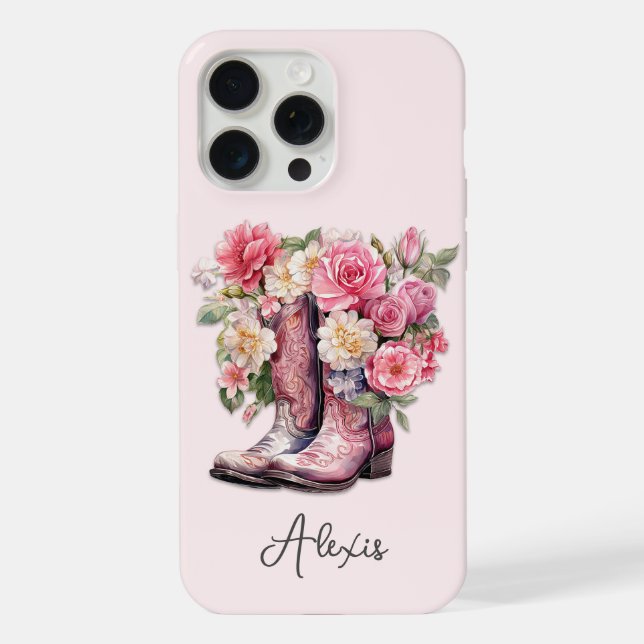 Coque iPhone Bottes roses avec monogramme de fleurs (Verso)