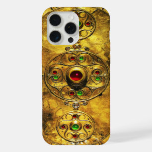COQUE iPhone 15 PRO MAX BOUCLIER GUERRIER CELTIQUE PIERRES GEMMES ÉMERAUDE