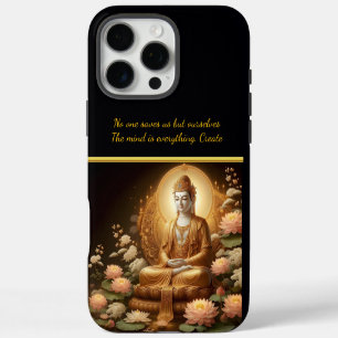 Coque iPhone 16 Pro Max Bouddha parmi les fleurs de lotus.