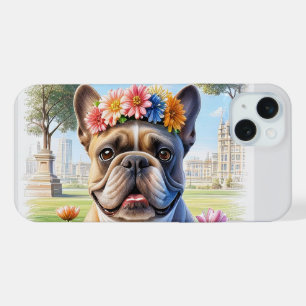 Coque iPhone 15 Plus Bouledogue français couronne de fleurs fête des mè