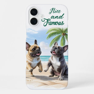 Coque iPhone 16 Plus Bouledogues français à la plage en vacances