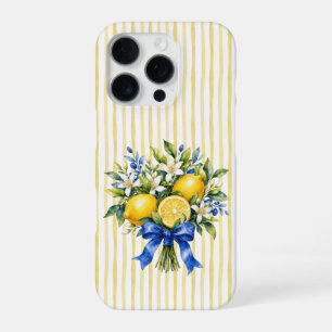 Coque iPhone 16 Pro Bouquet de citron à ruban bleu et rayure jaune