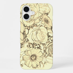 Coque iPhone 16 Plus Bouquet de roses et marguerites au trait en sépia
