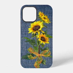 Coque iPhone 12 Bouquet de tournesols sur denim