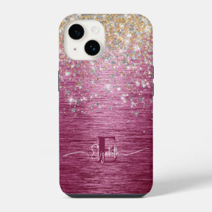 Coque Pour iPhone 14 Bourgogne Métal Brossé Or Faux Paillettes Monogram