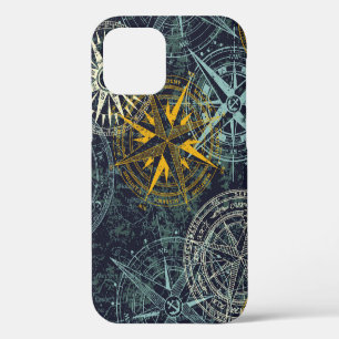 Coque iPhone 12 Boussole de vent rose nautique grunge vintage vint