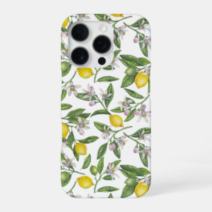 Coque iPhone 16 Pro Branches de citron avec fleurs et fruits sur blanc
