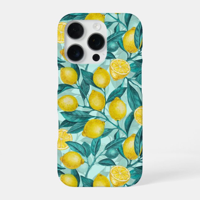 Coque iPhone Branches de citron en bleu et jaune (Verso)