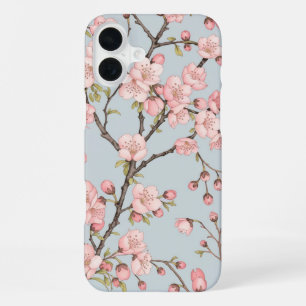 Coque iPhone 16 Plus Branches de fleurs de cerisier sur fond bleu - Élé
