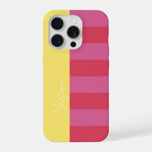 Coque iPhone Bright Cheerful pink and yellow striped design (Verso)