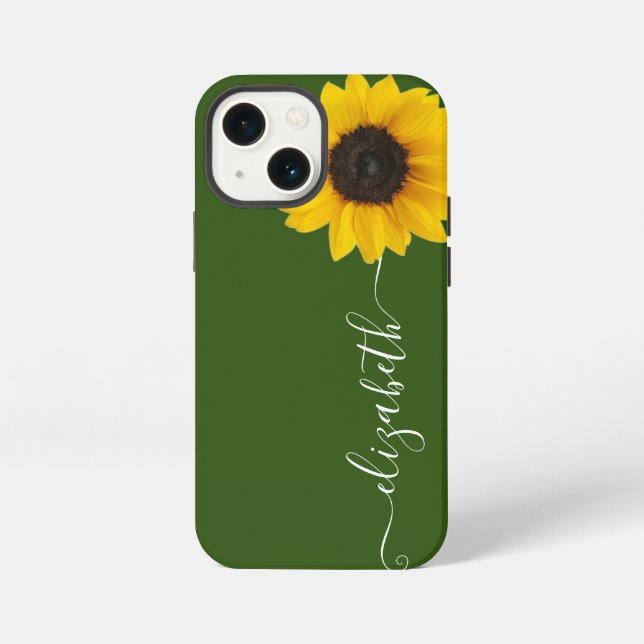 Coque iPhone Bright Sunflower Script Nom de tige Téléphone vert (Verso)