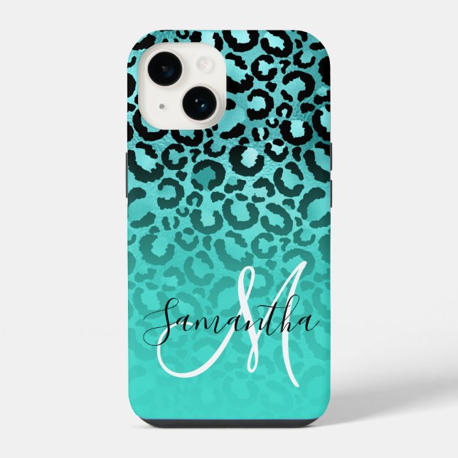 Coque iPhone Bright Turquoise Léopard Ombré Monogramme (Verso)