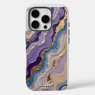 Coque iPhone 16 Pro Brindilles de marbre pourpre et bleu avec or