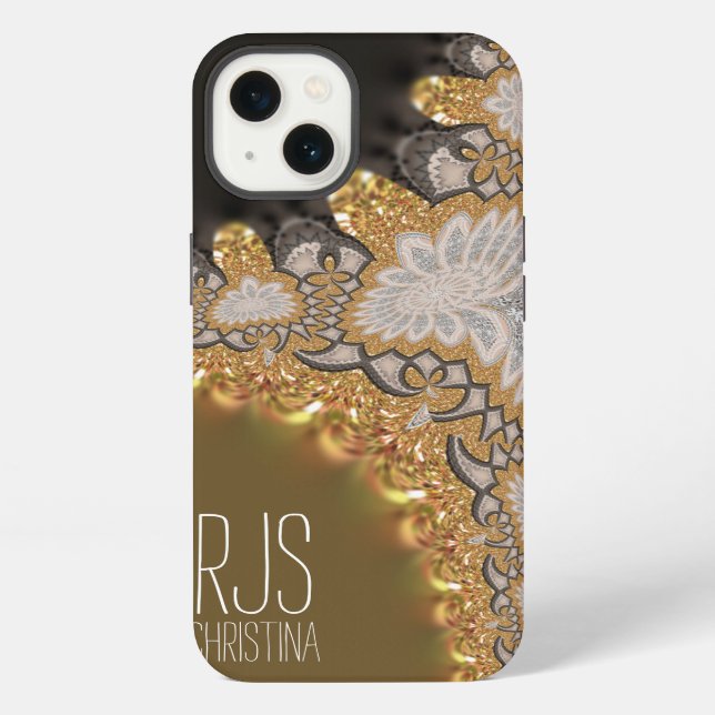 Coque iPhone Broderie de corail doré Monogramme fractales (Verso)