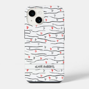 Coque Pour iPhone 14 Brosses élégantes Coeurs Lignes Motif Personnel