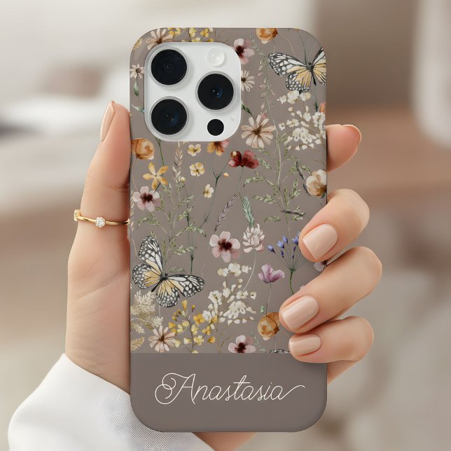 Coque iPhone Brown Boho Watercolor Wildflowers Pattern  (Créateur téléchargé)
