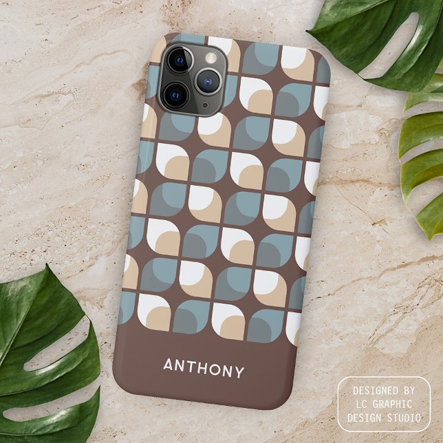 Coque iPhone Brun Tan Beige Gris Bleu Motif D'art Midcentury (Créateur téléchargé)