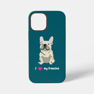Coque iPhone 12 Mini Bulldog français crème, j'aime mon chien
