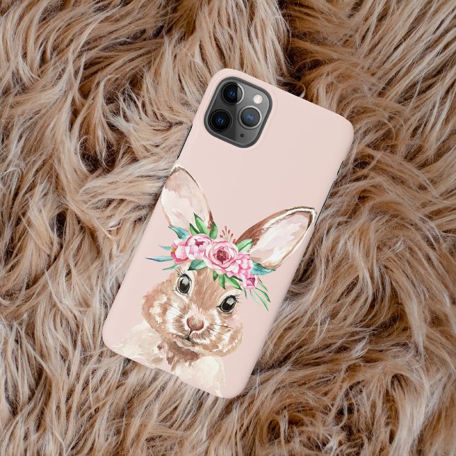 Coque iPhone Bunny D'Aquarelle Rose Pastel Moderne Avec Fleurs (Créateur téléchargé)