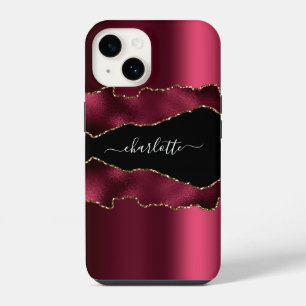 Coque Pour iPhone 14 Burgundy agate noir or nom écriture