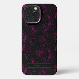 Etui iPhone 13 Pro Max Burgundy fleurs motif floral nom personnalisé