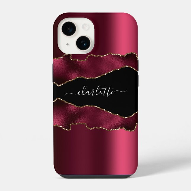 Coque iPhone Burgundy noir or agate marbre nom script (Verso)