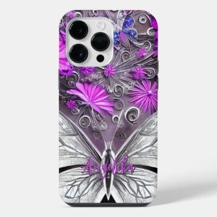 Coque Pour Pour iPhone 14 Pro Max Butterfly florale mauve et argent tendance personn