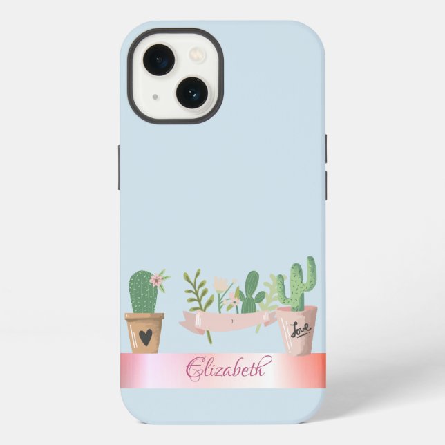Coque iPhone Cactus aquarelle, rayé (Verso)