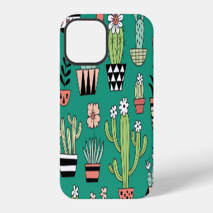 Coque iPhone 12 Cactus Fleuris Fond Vert Vintage