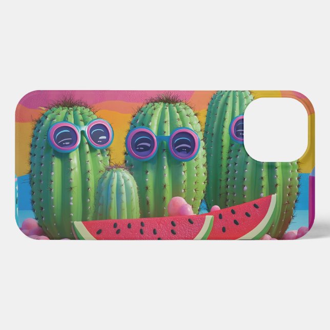 Coque iPhone Cactus funky avec lunettes de soleil, pastèque et  (Verso Horizontal)