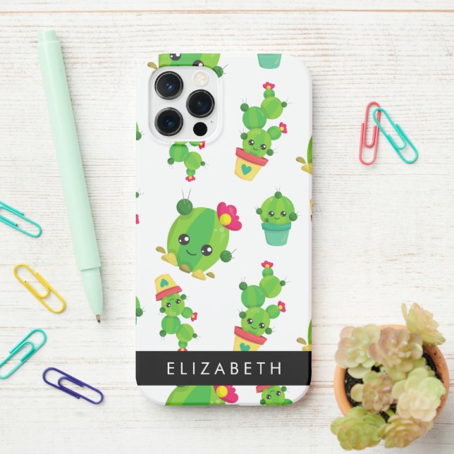 Coque iPhone Cactus mignons, Cactus Motif, Succulent, Votre Nom (Sur le bureau)