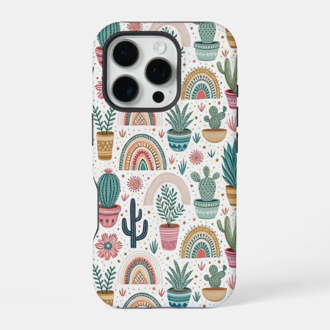Coque iPhone Cactus Pot with Plants, Flowers and Rainbows (Verso)