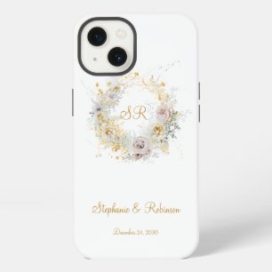Etui iPhone 13 Cadeau de mariage à logo monogramme floral or
