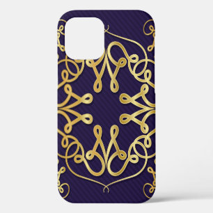 Coque iPhone 12 Cadre art déco or avec ornement sur fond bleu