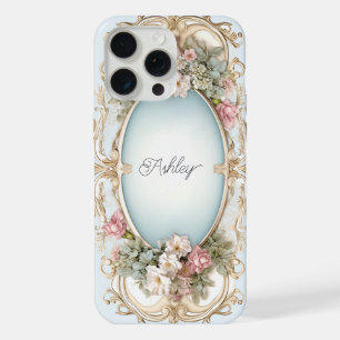 Coque iPhone 15 Pro Max Cadre élégant victorien à filigrane doré avec fleu