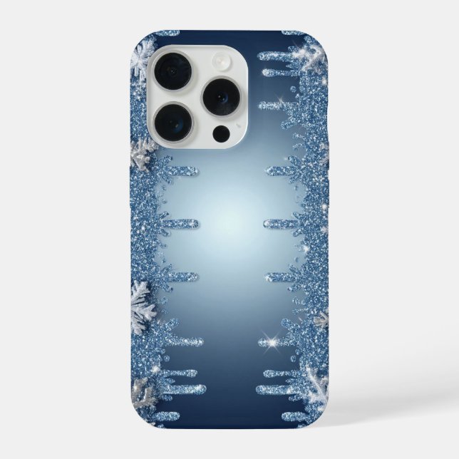 Coque iPhone Cadre Flocon de Neige Bleu Pailleté Avec Glaçons (Verso)