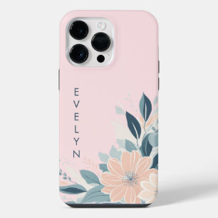 Coque Pour Pour iPhone 14 Pro Max Cadre floral pastel personnalisé délicat rose nom 