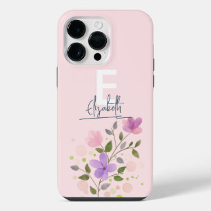 Coque Pour Pour iPhone 14 Pro Max Cadre floral pastel personnalisé délicat rose nom 