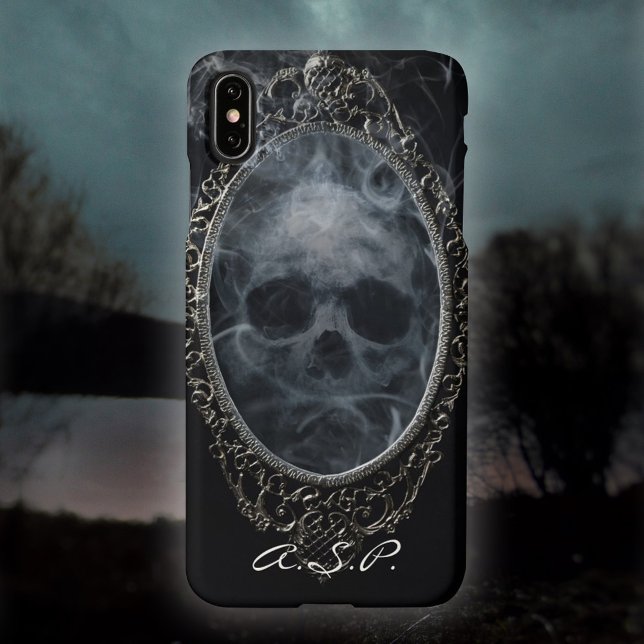 Coque iPhone Cadre Orné Crâne Fantôme Gothique Noir Argent (Créateur téléchargé)