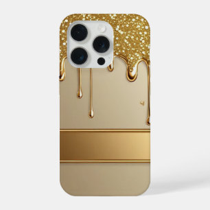 Coque iPhone 15 Pro ✨ Cadre scintillant Luxe Golden Flow qui dégouline