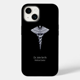 Coque Pour iPhone 14 Caducée Argent sur Fond Noir Élégant Médical