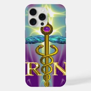 Coque iPhone 15 Pro Max CADUCÉE D'INFIRMIÈRE INSCRITE OR SYMBOLE Bleu Viol