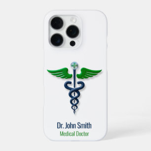 Coque iPhone 16 Pro Caducée Médical Bleu Ailes Vertes Croix Élégante
