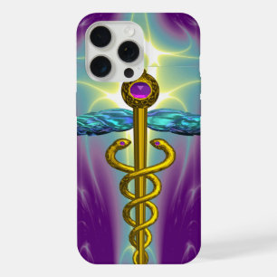Coque iPhone 15 Pro Max CADUCÉE MÉDICAL EN OR SYMBOLE ,Vert sarcelle Viole