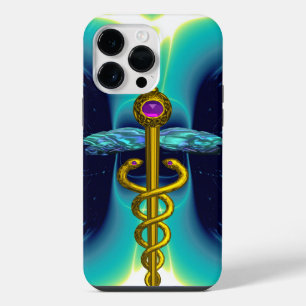 Coque Pour Pour iPhone 14 Pro Max CADUCÉE MÉDICAL EN OR, Turquoise Bleu Sarcelle
