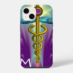Coque Pour iPhone 14 CADUCÉE MÉDICAL SYMBOL OR Monogramme Vert Violet
