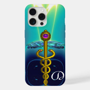 Coque iPhone 15 Pro Max CADUCÉE MONOGRAMME OR ,Bleu sarcelle