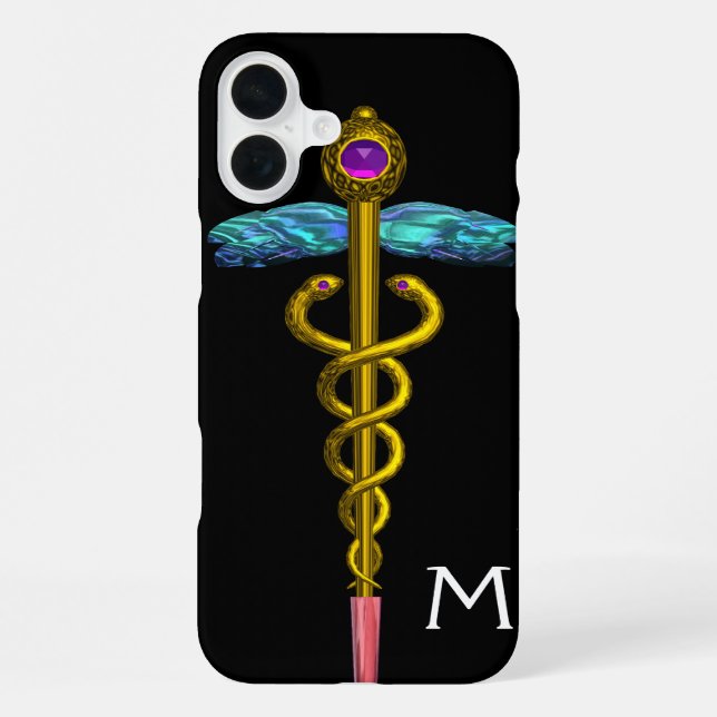 Coque iPhone CADUCÉE MONOGRAMME OR ,Noir (Verso)