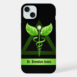 Coque iPhone 15 Plus Caducée Vert Thérapie Naturelle Santé Holistique